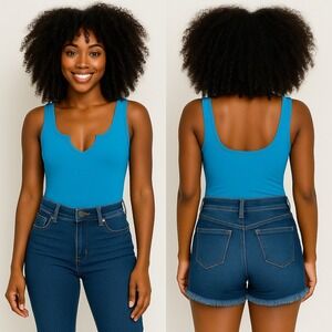 Zenana Sleeveless V-Neck‎ Bodysuit Deep Sky Tank Top Casual Stretch Size M